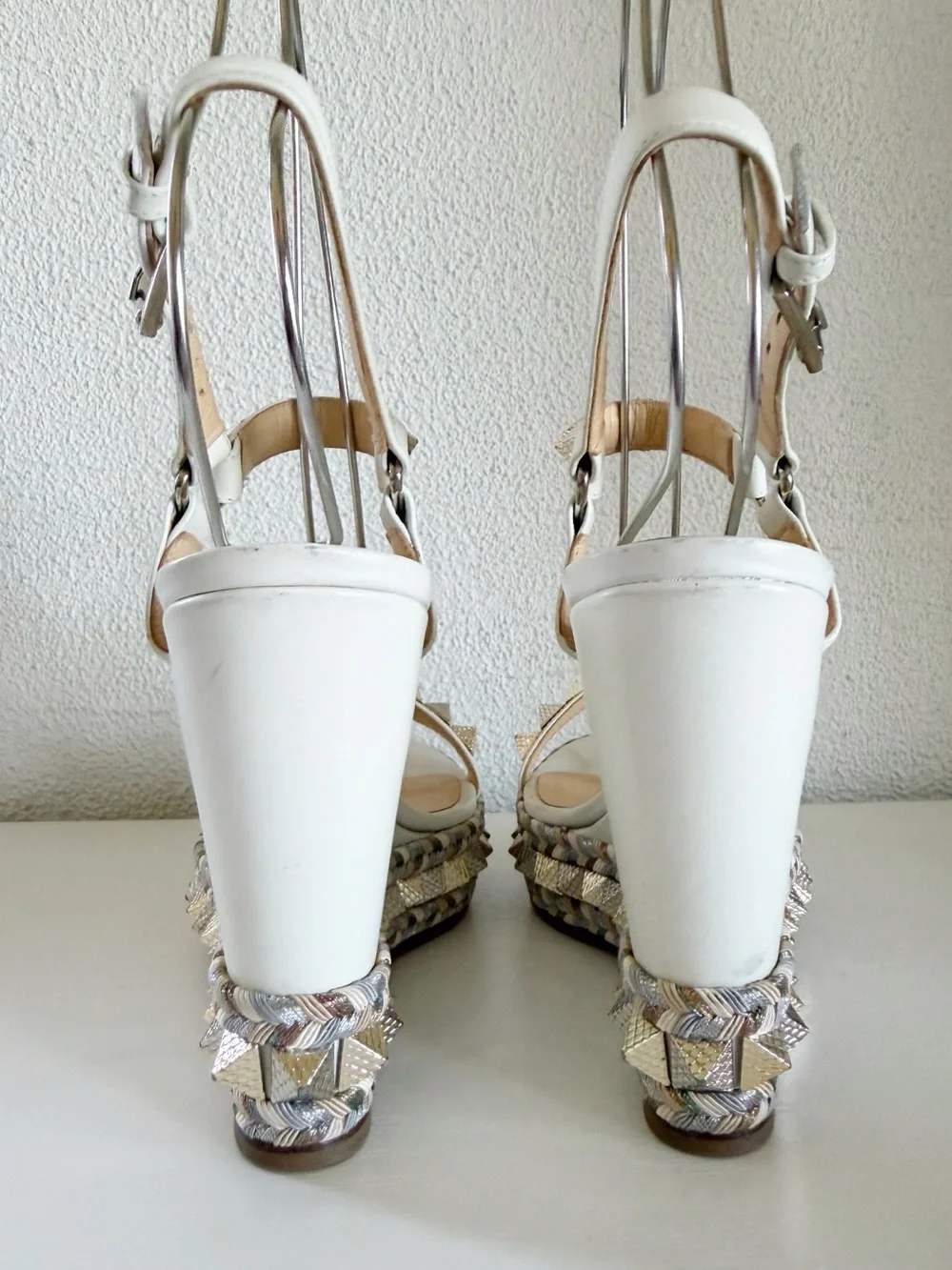 Christian Louboutin Pyraclou Latte White Studded Wedge Sandals Size EU 38